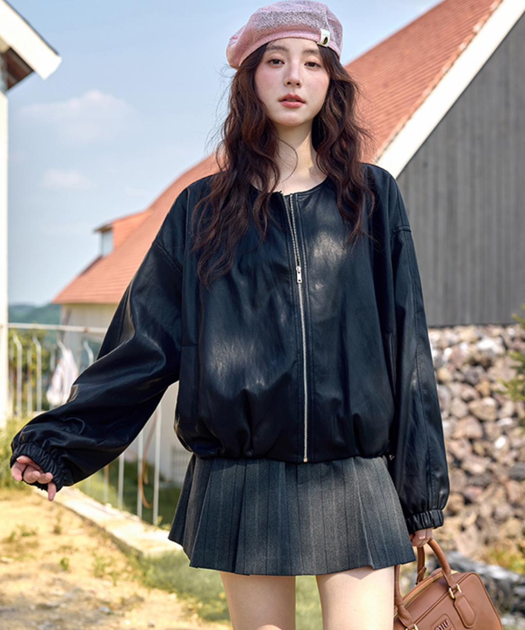 オーバーサイズノーカラーフェイクレザーブルゾン – jemiremi