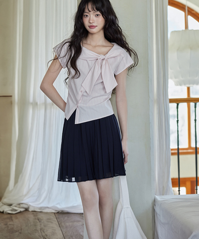 ショールカラービッグリボンストライプブラウス