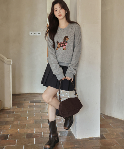 ドッグデザイン襟付きニット