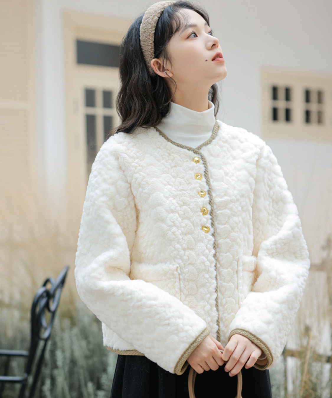 配色パイピングボアノーカラージャケット