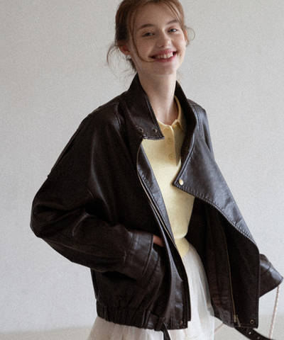 スタンドカラー ベルト付きフェイクレザーブルゾン