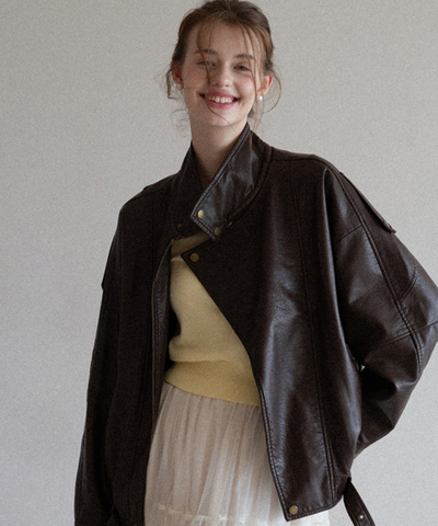 スタンドカラー ベルト付きフェイクレザーブルゾン