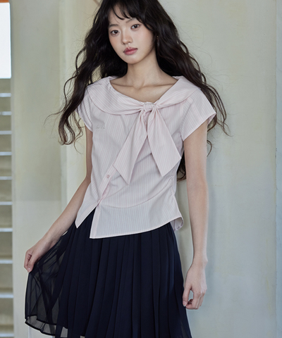 ショールカラービッグリボンストライプブラウス