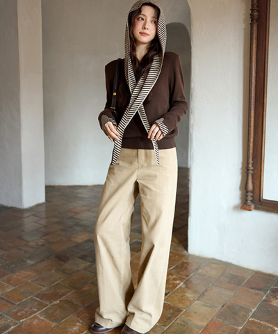 ボーダーフードショール付きクルーネックニットトップス