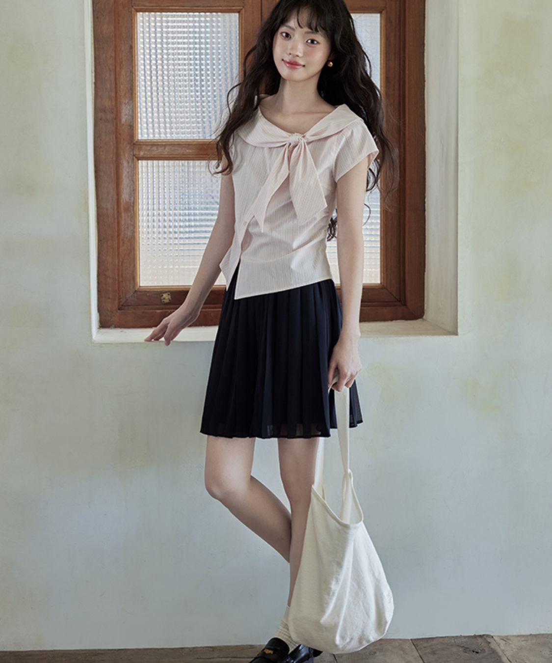 ショールカラービッグリボンストライプブラウス