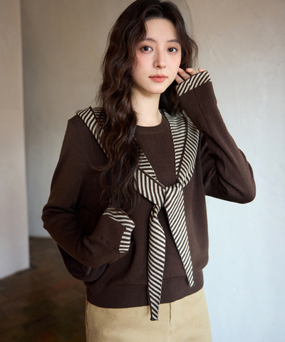 ボーダーフードショール付きクルーネックニットトップス