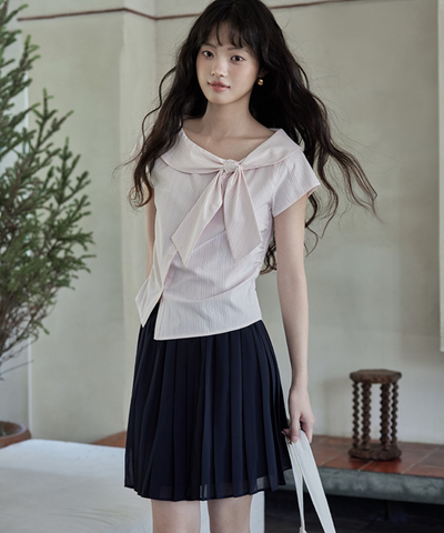 ショールカラービッグリボンストライプブラウス