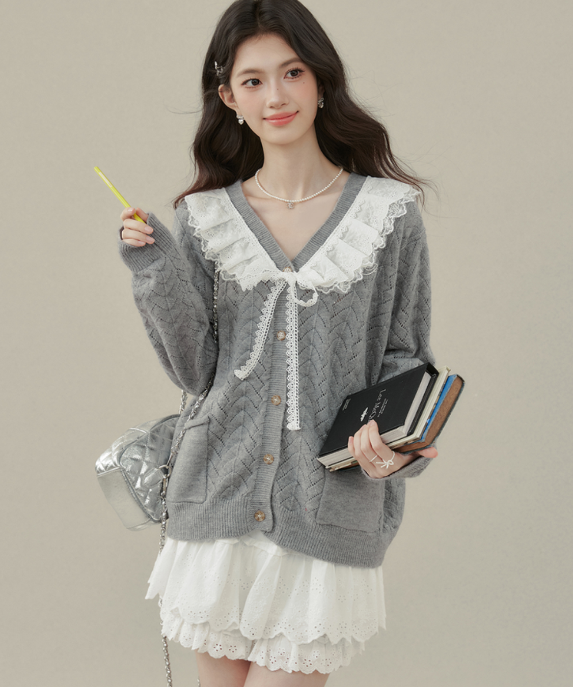 フリルビッグカラーニットカーディガン