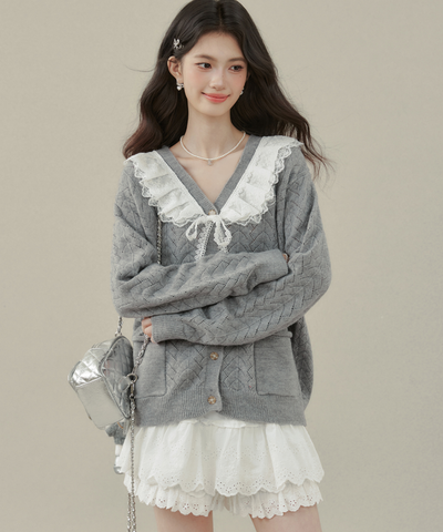 フリルビッグカラーニットカーディガン