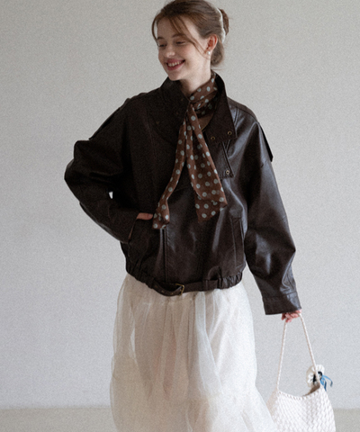 スタンドカラー ベルト付きフェイクレザーブルゾン