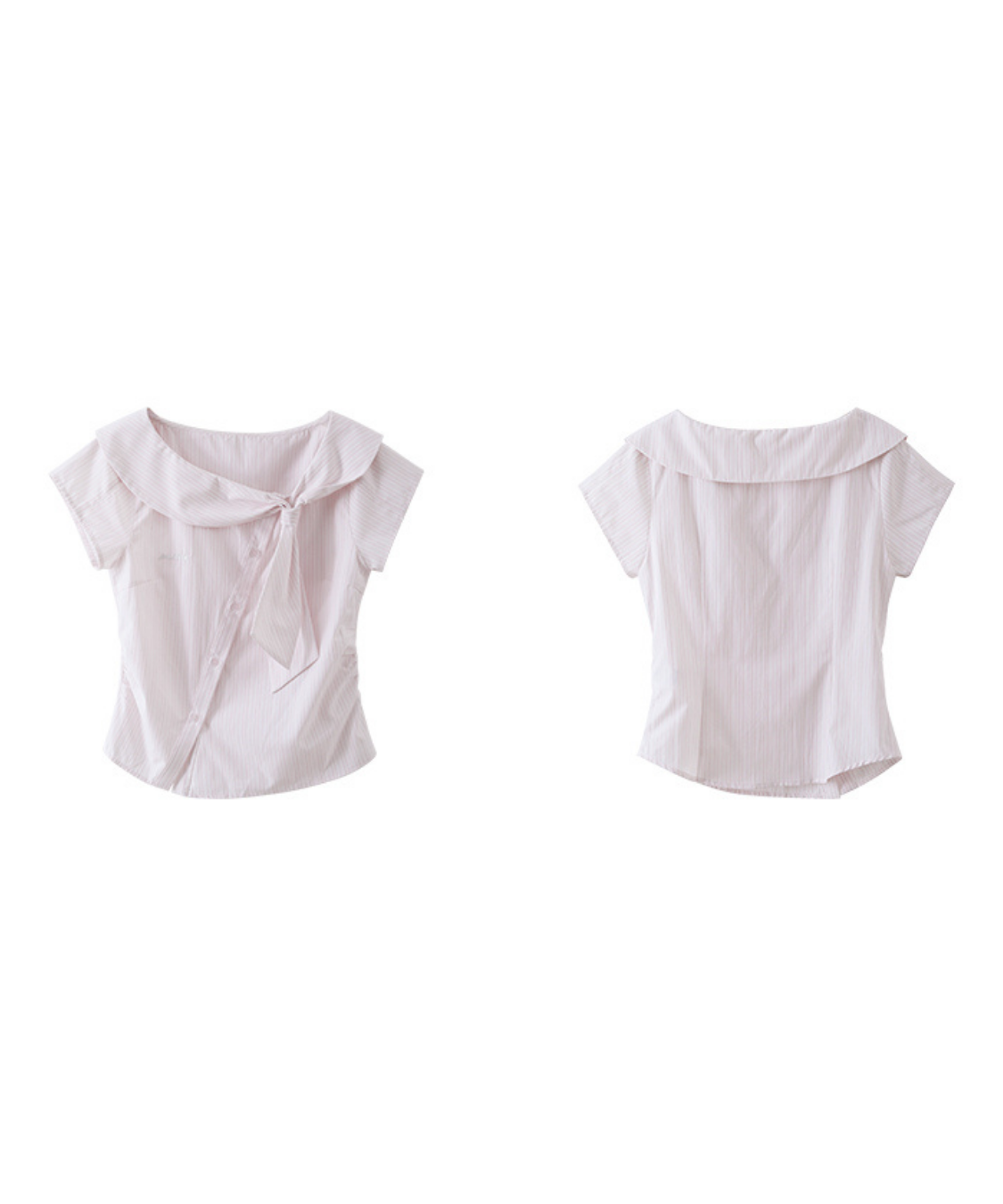 ショールカラービッグリボンストライプブラウス