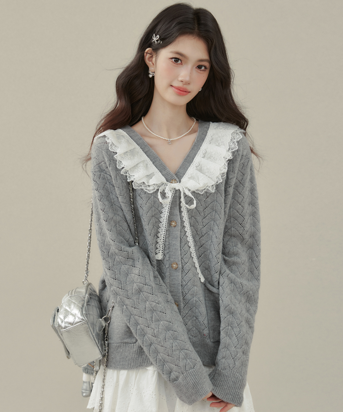 フリルビッグカラーニットカーディガン