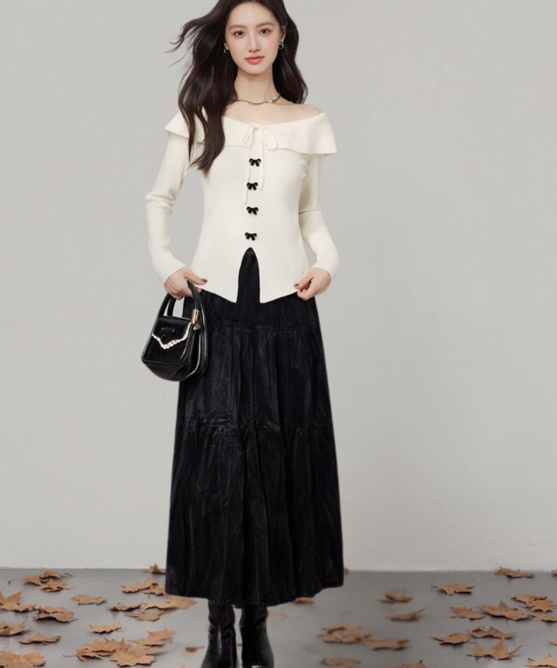 オフショルダーリボントップス＋ティアードスカート 2点セット