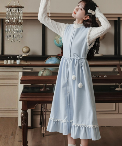 ポンポンリボンワンピース＋リブフリルニット 2点セット