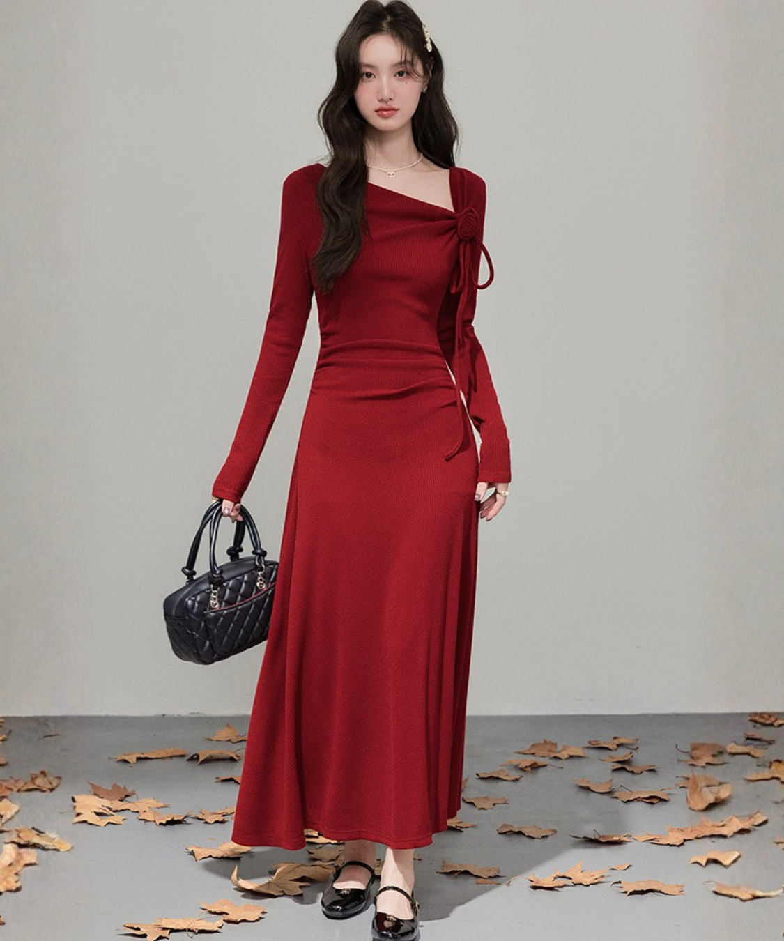 フラワーモチーフリボンリブニットワンピース