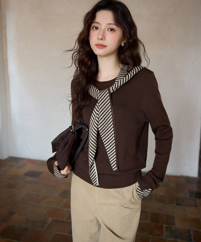 ボーダーフードショール付きクルーネックニットトップス