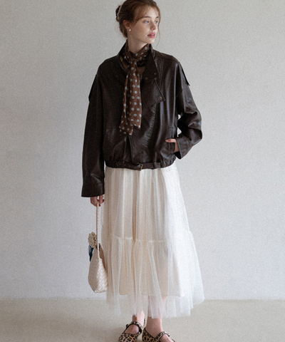 スタンドカラー ベルト付きフェイクレザーブルゾン