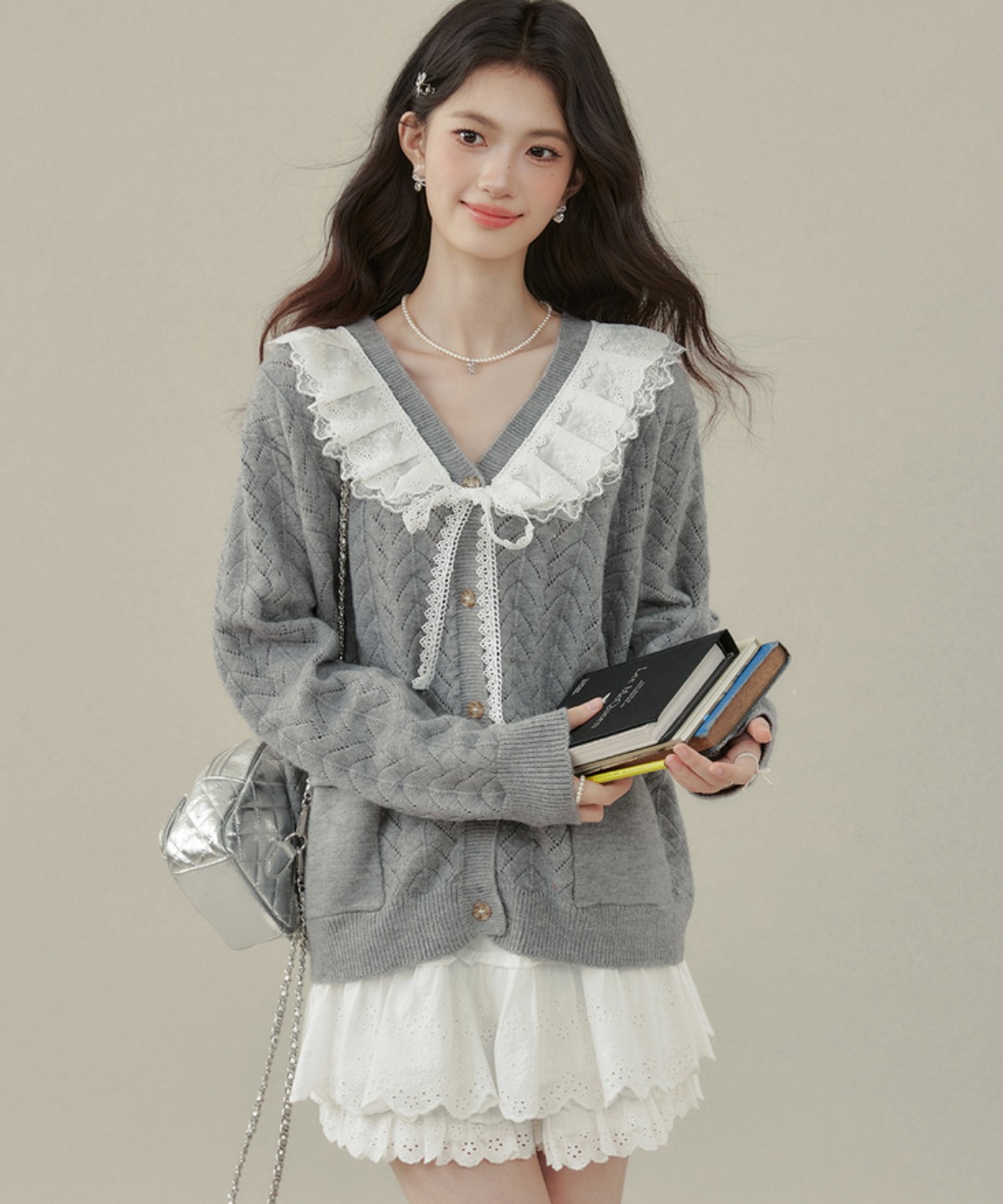 フリルビッグカラーニットカーディガン