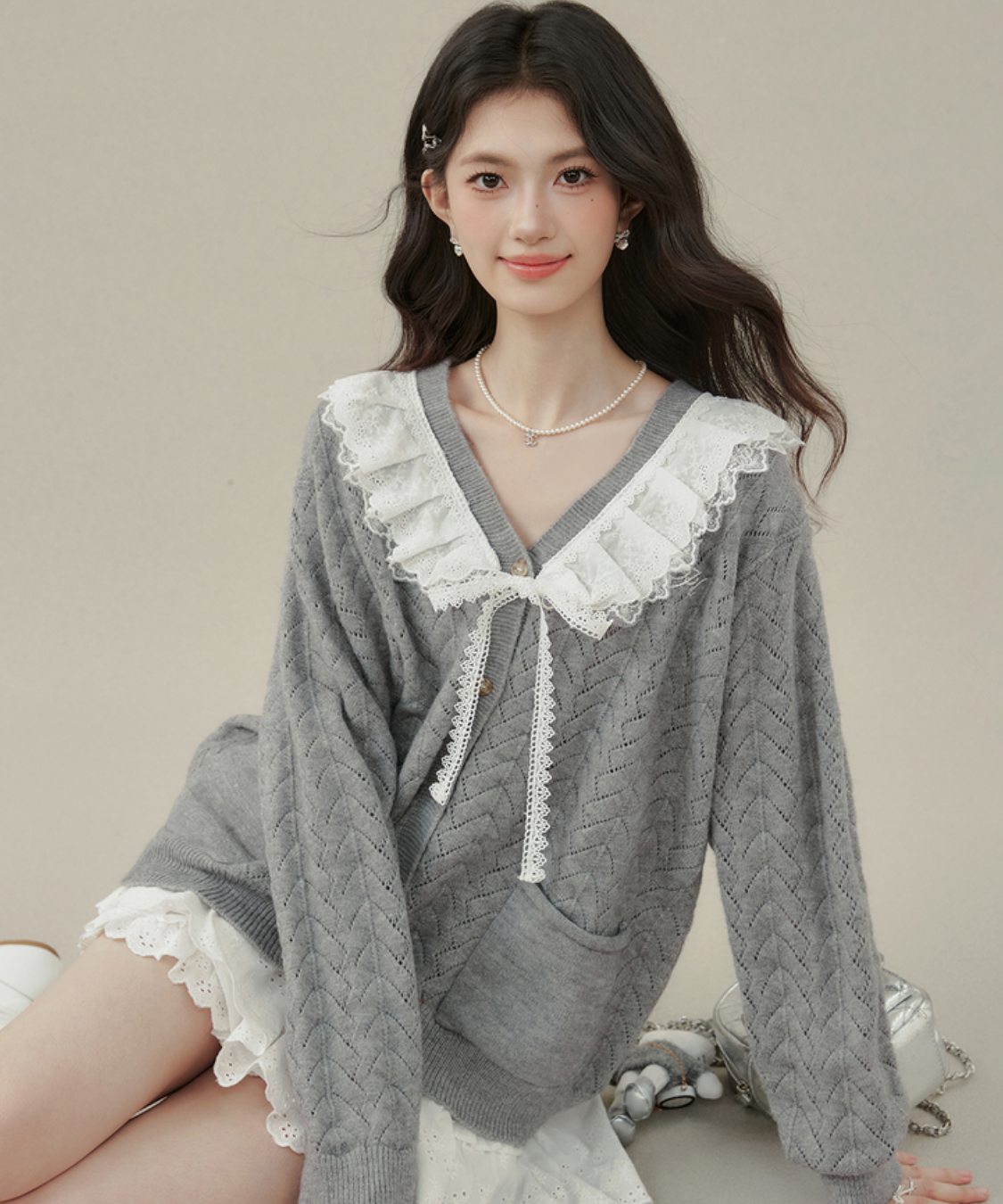 フリルビッグカラーニットカーディガン