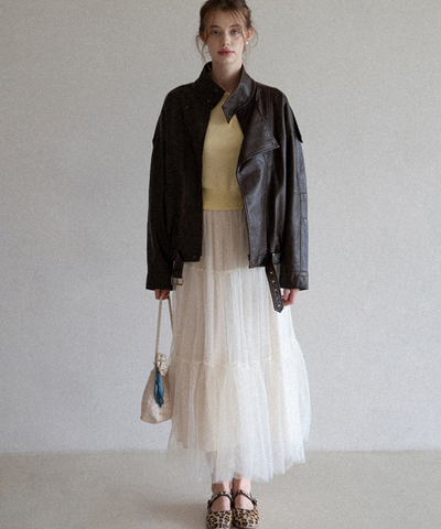 スタンドカラー ベルト付きフェイクレザーブルゾン