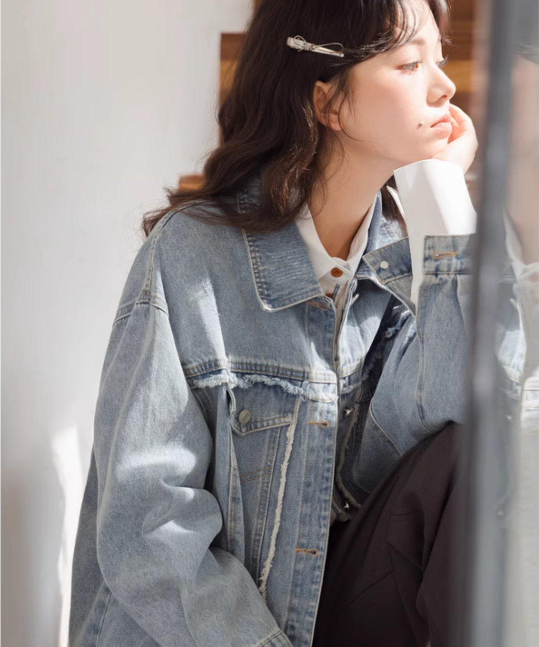 フリル付きデニムジャケット グレー フリンジ付きオーバーサイズデニムジャケット – jemiremi（ジェミレミ）