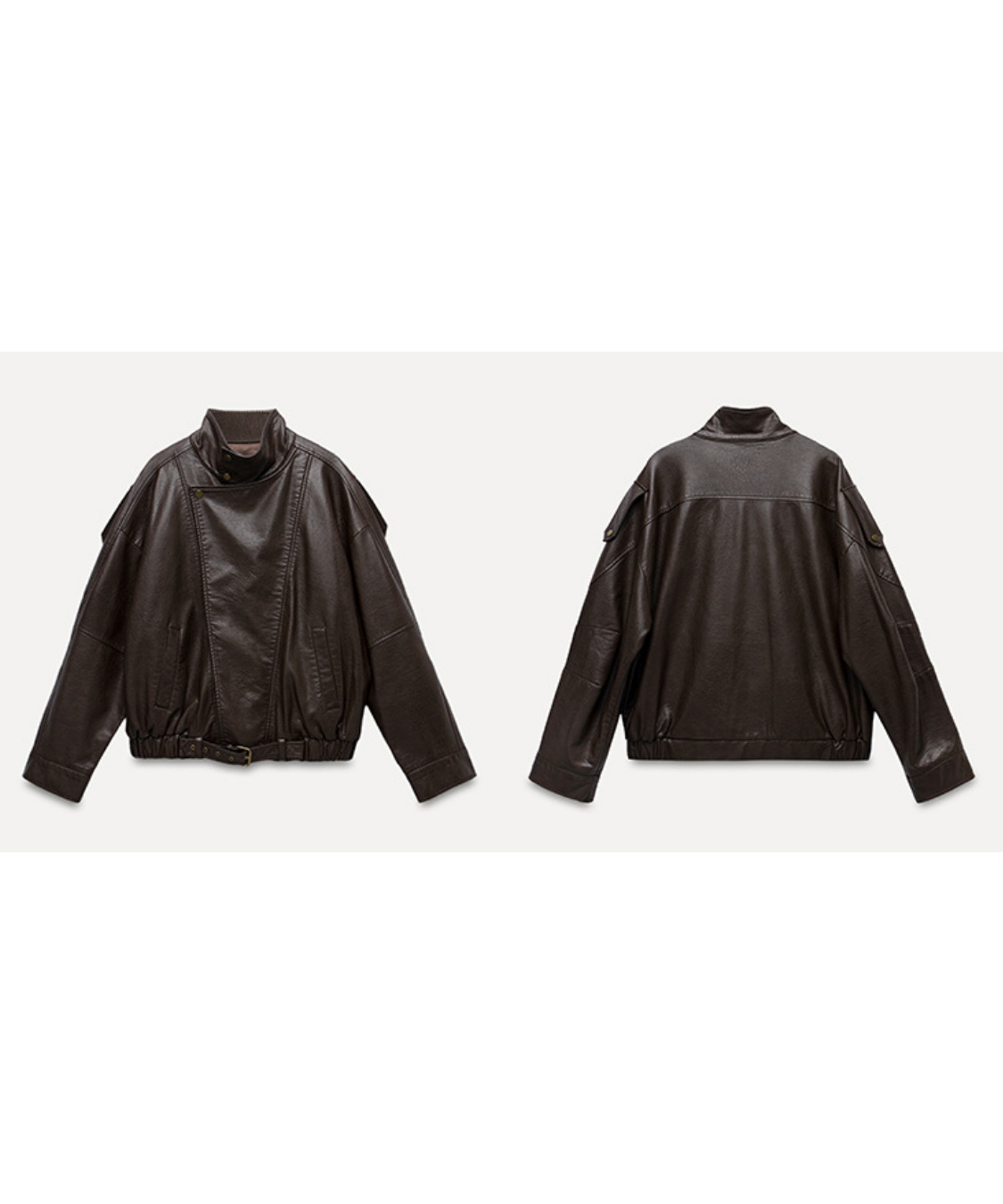 スタンドカラー ベルト付きフェイクレザーブルゾン