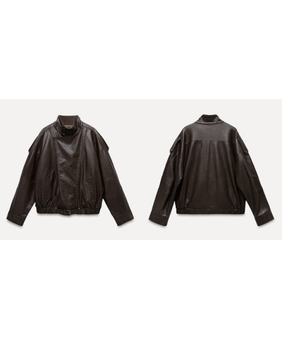 スタンドカラー ベルト付きフェイクレザーブルゾン