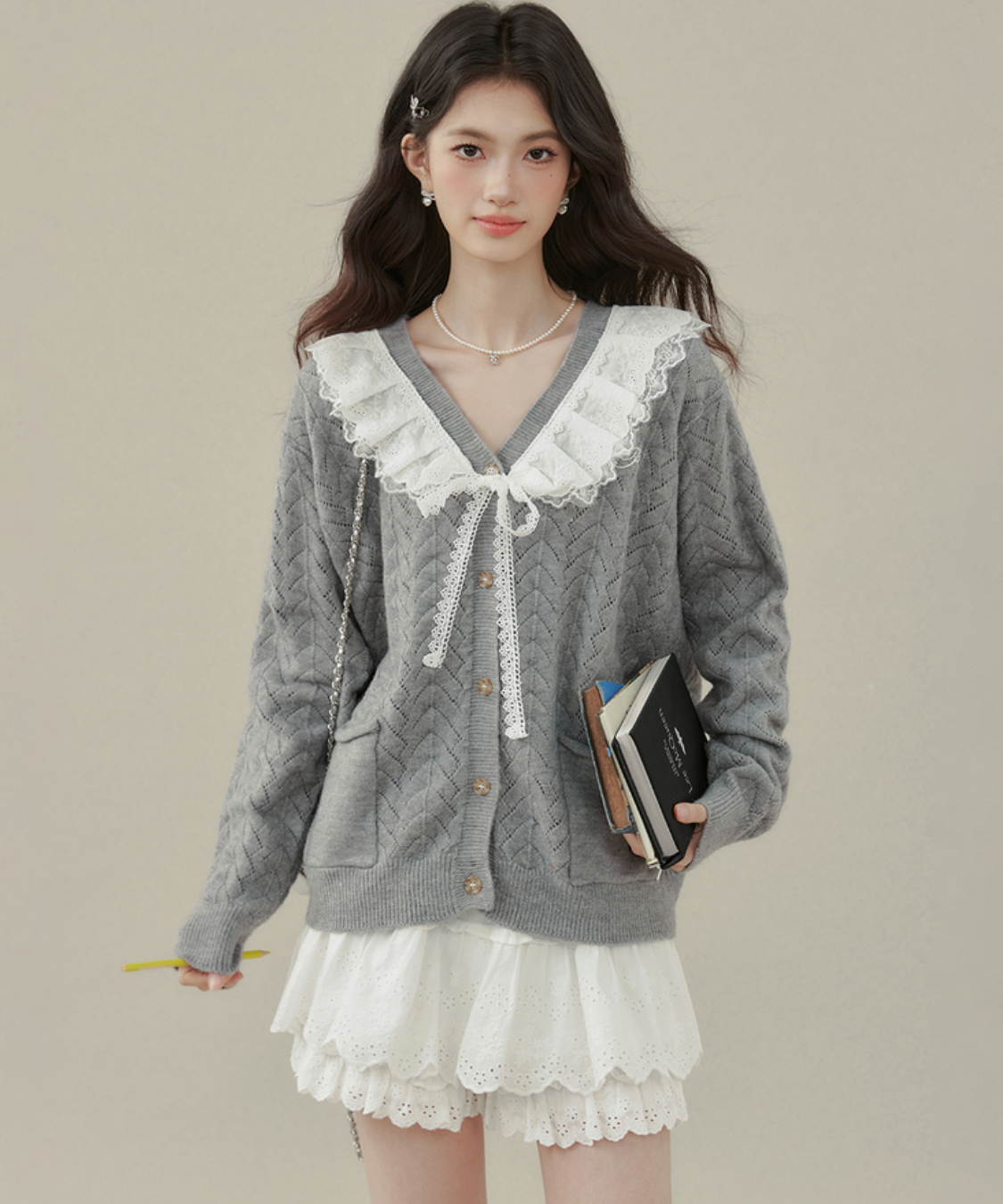 フリルビッグカラーニットカーディガン