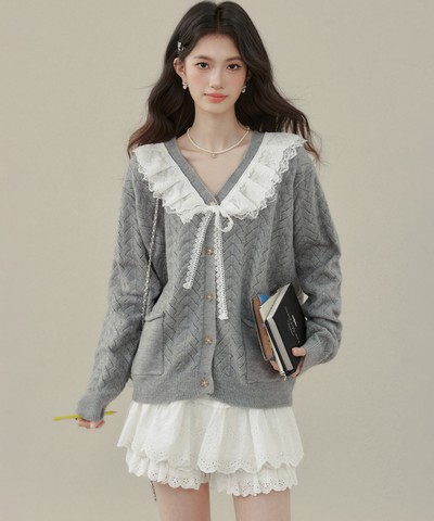 フリルビッグカラーニットカーディガン