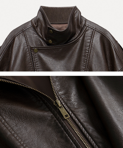 スタンドカラー ベルト付きフェイクレザーブルゾン