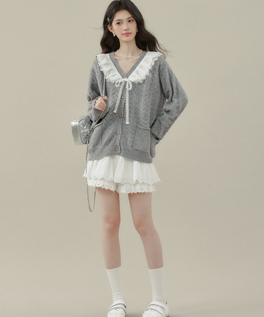 フリルビッグカラーニットカーディガン