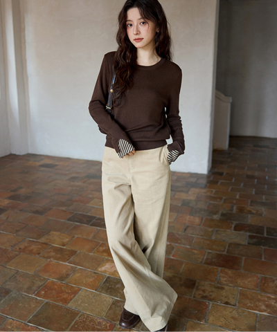 ボーダーフードショール付きクルーネックニットトップス