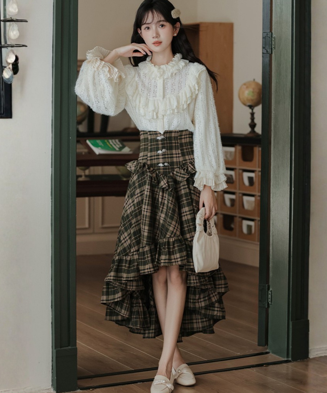 コルセット風ハイウエストチェックフリルスカート