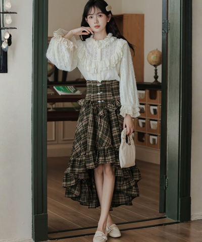 コルセット風ハイウエストチェックフリルスカート