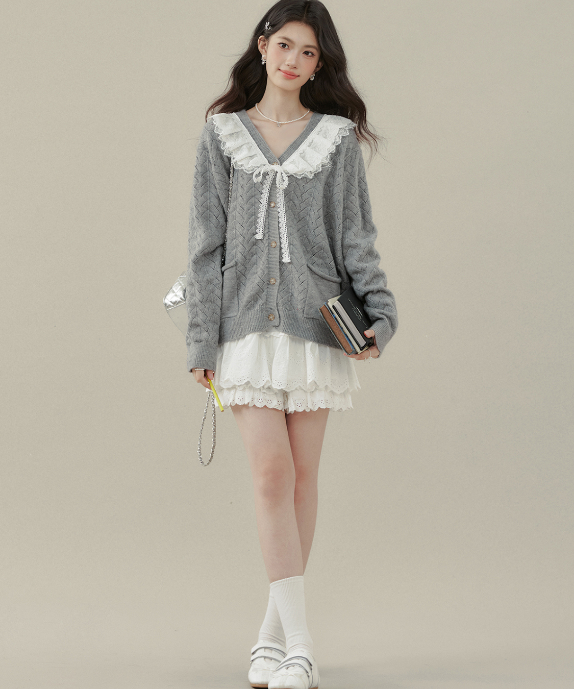 フリルビッグカラーニットカーディガン