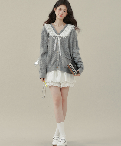 フリルビッグカラーニットカーディガン