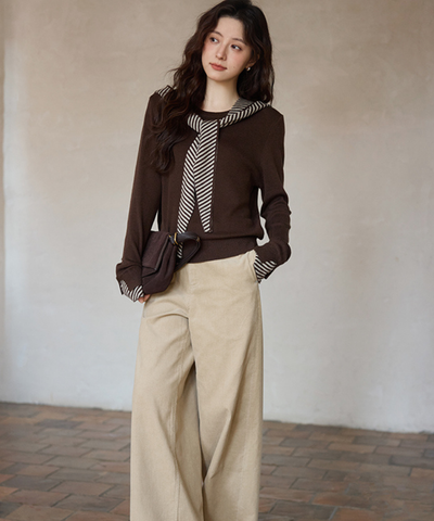 ボーダーフードショール付きクルーネックニットトップス