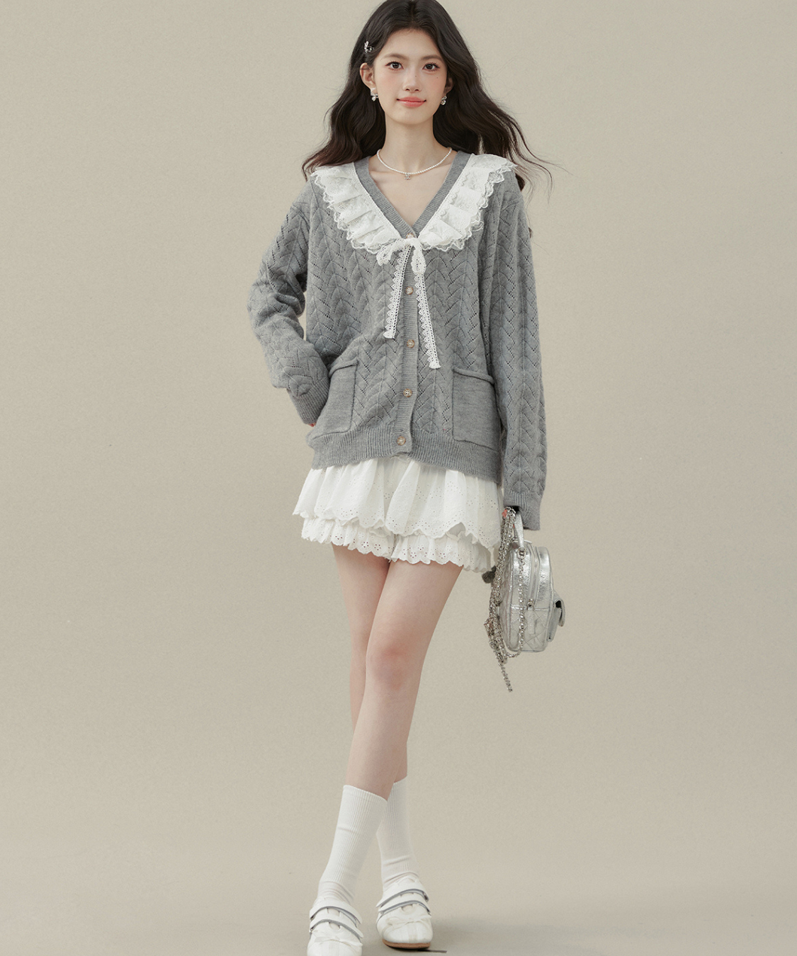 フリルビッグカラーニットカーディガン