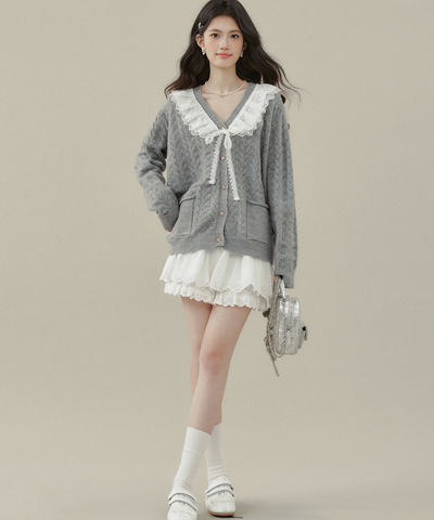 フリルビッグカラーニットカーディガン