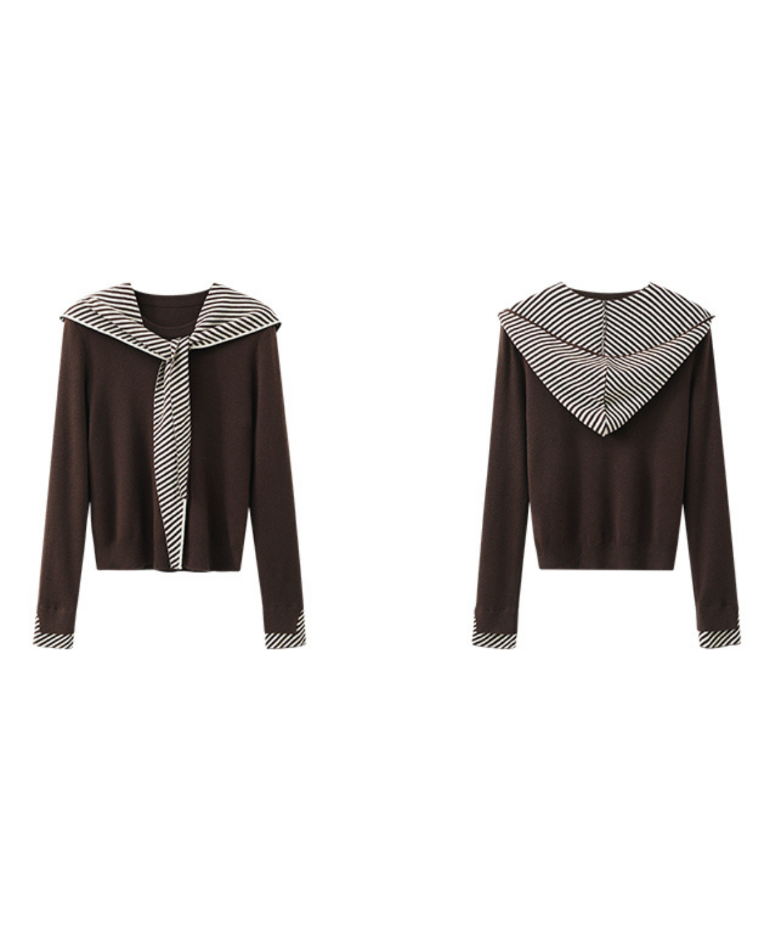 ボーダーフードショール付きクルーネックニットトップス