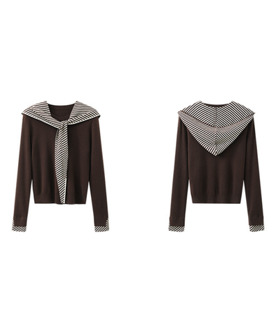 ボーダーフードショール付きクルーネックニットトップス