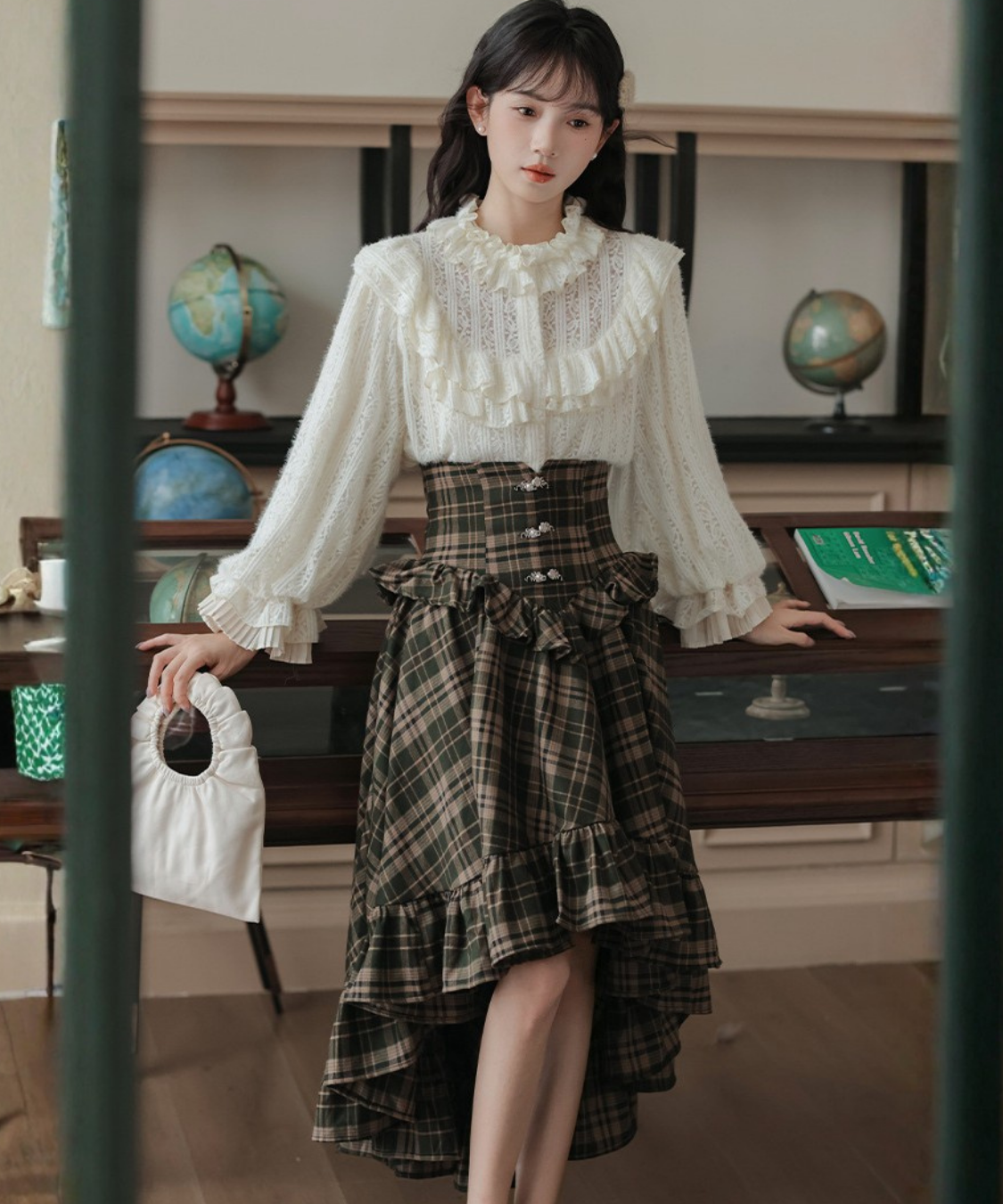 コルセット風ハイウエストチェックフリルスカート