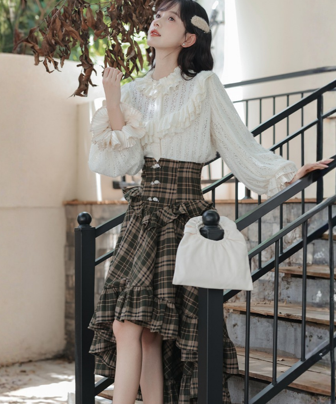 コルセット風ハイウエストチェックフリルスカート