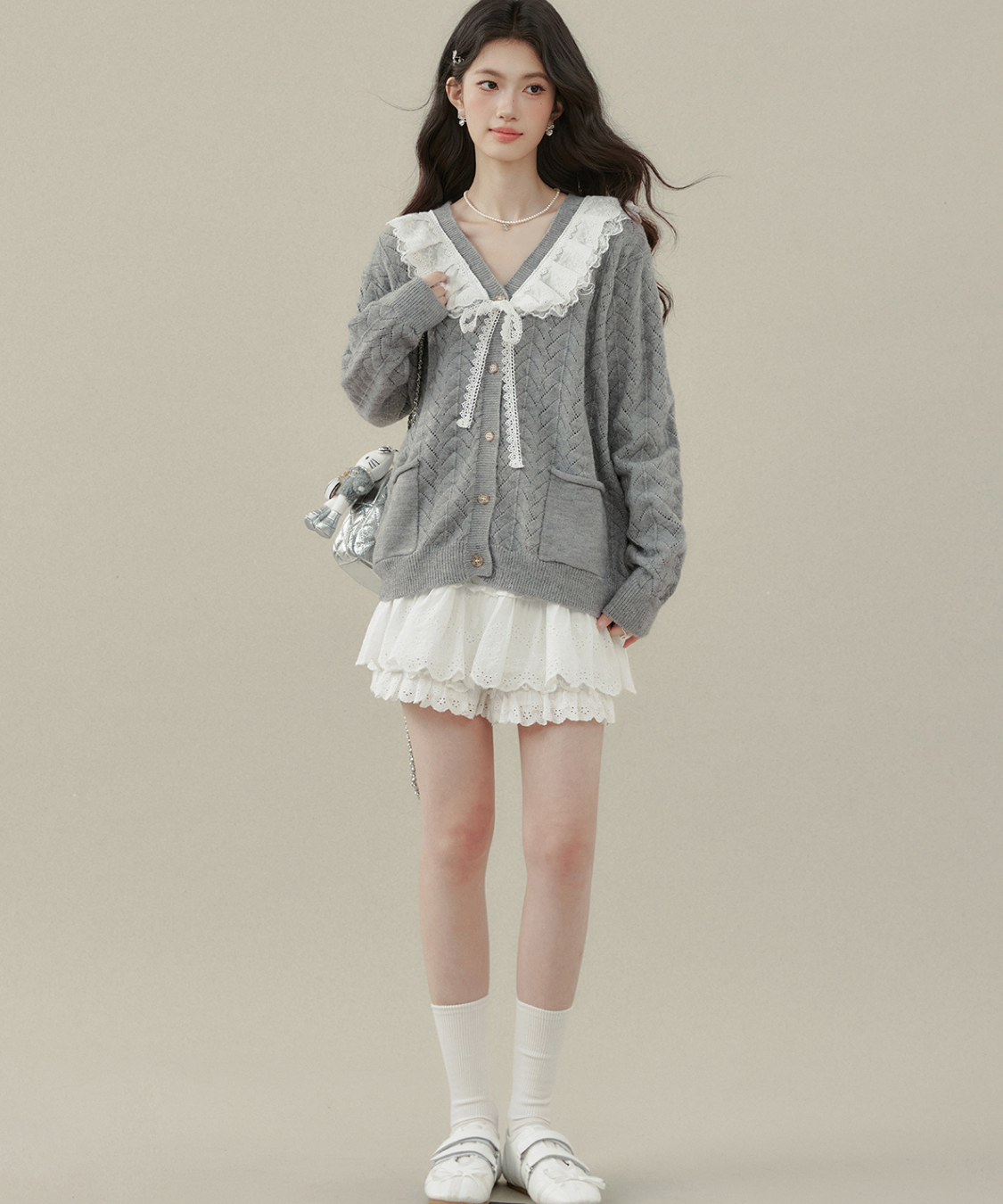 フリルビッグカラーニットカーディガン