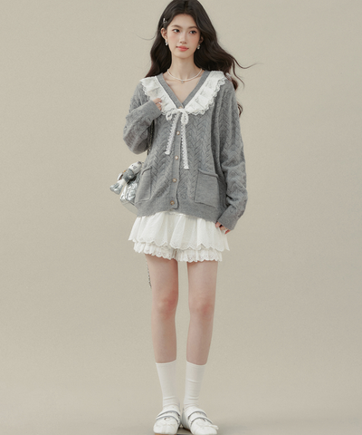 フリルビッグカラーニットカーディガン