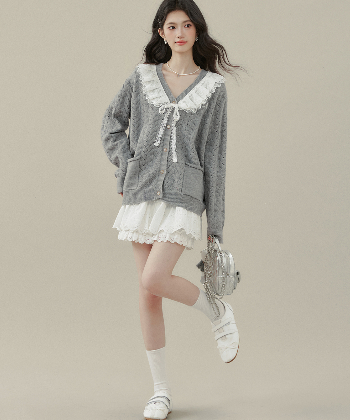 フリルビッグカラーニットカーディガン