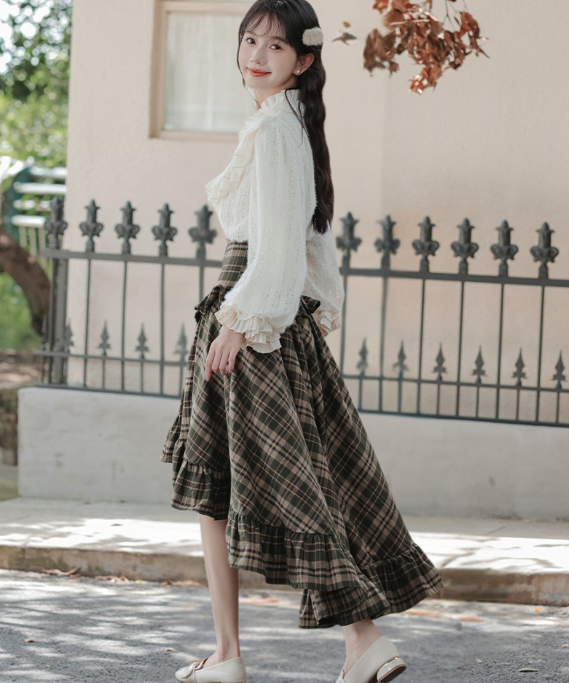 コルセット風ハイウエストチェックフリルスカート