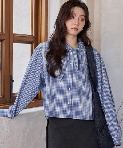 リボンタイ付きチェックブラウス