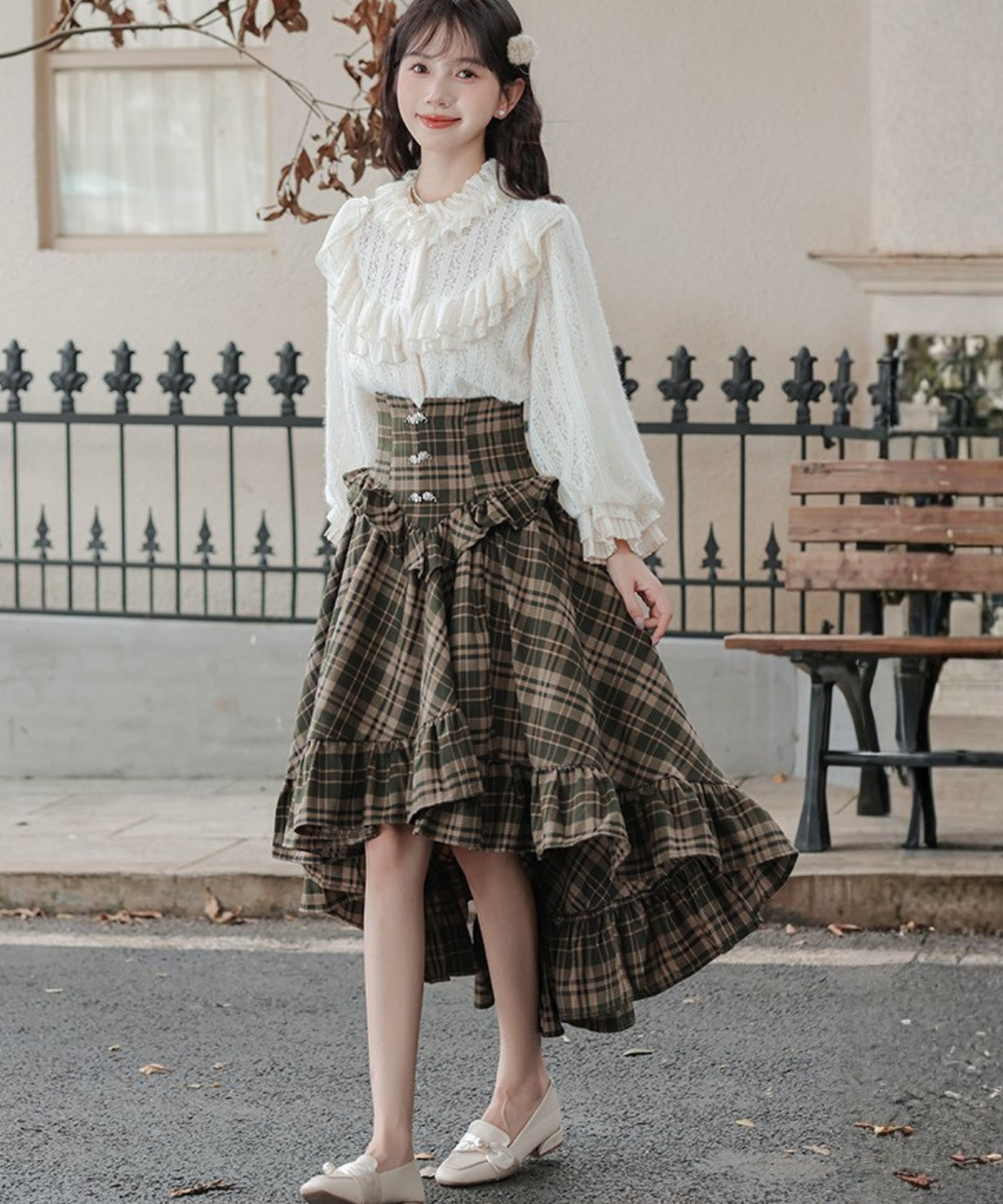 コルセット風ハイウエストチェックフリルスカート – jemiremi