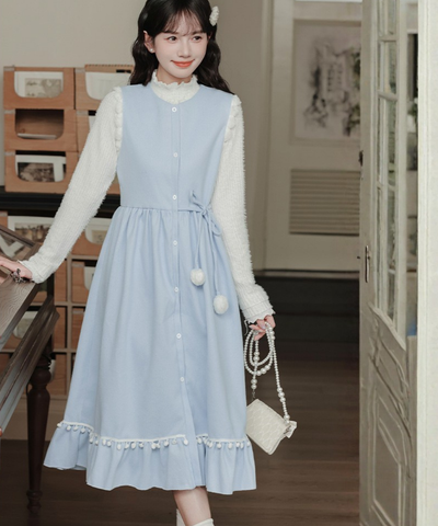 ポンポンリボンワンピース＋リブフリルニット 2点セット